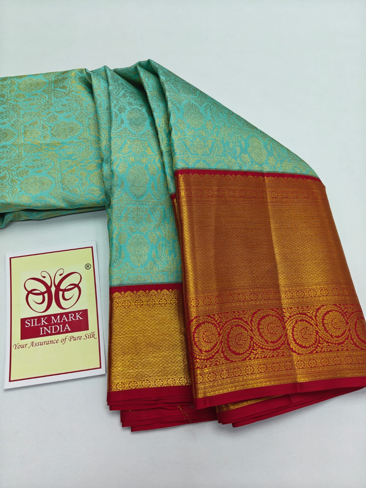 Silk Mark Certified Mint Green Tissue & Crimson Red Kanjivaram Pure Silk Saree with Medallion Floral Jaal