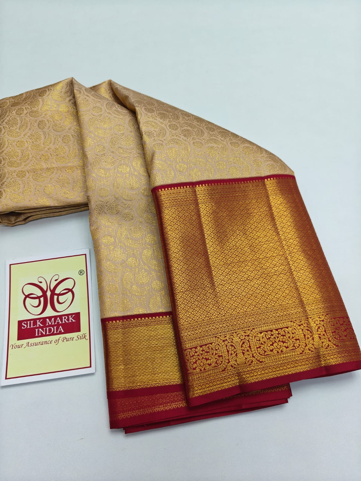 Silk Mark Certified Champagne Gold Tissue & Rani Pink Kanjivaram Pure Silk Saree with Paisley Floral Jaal