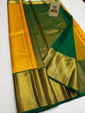 Silk Mark Certified Mustard Yellow Tissue & Emerald Green Kanjivaram Pure Silk Saree with Gold Zari Floral Jaal