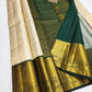 Silk Mark Certified Off-White Tissue & Forest Green Kanjivaram Pure Silk Saree with Gold Zari Floral Jaal