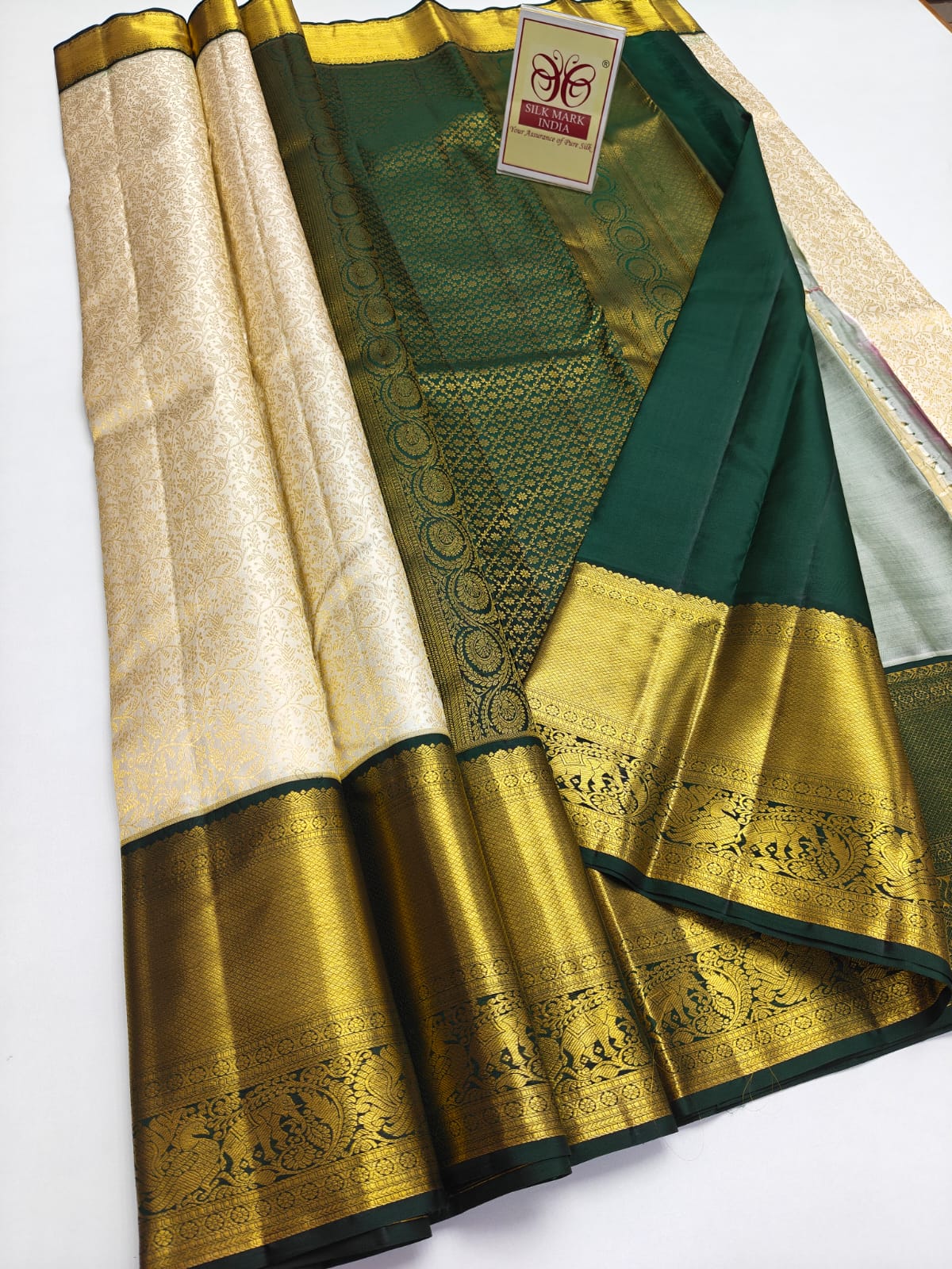 Silk Mark Certified Off-White Tissue & Forest Green Kanjivaram Pure Silk Saree with Gold Zari Floral Jaal