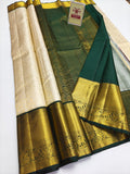 Silk Mark Certified Off-White Tissue & Forest Green Kanjivaram Pure Silk Saree with Gold Zari Floral Jaal
