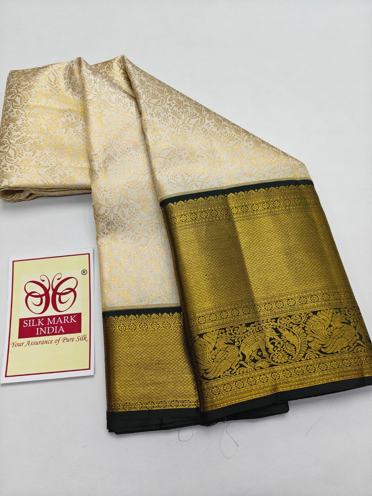 Silk Mark Certified Off-White Tissue & Forest Green Kanjivaram Pure Silk Saree with Gold Zari Floral Jaal