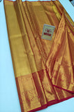Silk Mark Certified Metallic Amber Gold Tissue & Crimson Red Kanjivaram Pure Silk Saree with Paisley Zari Border