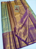 Silk Mark Certified Sea Green Tissue & Royal Purple Kanjivaram Pure Silk Saree with Meenakari Floral Jaal & Amber Gold Tissue