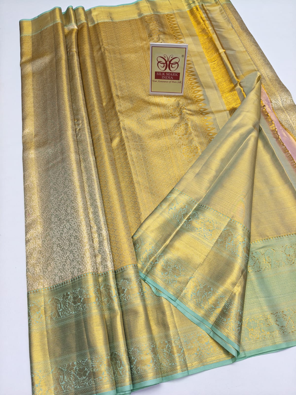 Silk Mark Certified Champagne Gold Tissue & Sea Green Kanjivaram Pure Silk Saree with Floral Jaal & Temple Border