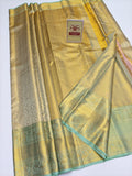 Silk Mark Certified Champagne Gold Tissue & Sea Green Kanjivaram Pure Silk Saree with Floral Jaal & Temple Border