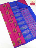 Vibrant Rani Pink & Royal Blue Kanjivaram Style Semi-Silk Saree with Paisley Motifs & Lotus Brocade Pallu