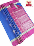 Royal Blue & Rani Pink Kanjivaram Style Semi-Silk Saree with Tree of Life Motifs & Silver Lattice Pallu