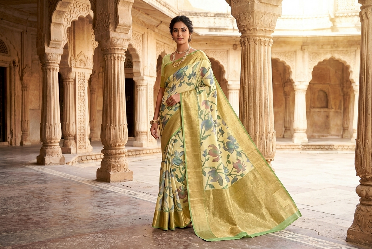 Elegant Pastel Cream Yellow & Botanical Floral Kanjivaram Silk Sari with Rich Gold Zari Brocade PalluElegant Pastel Cream Yellow & Botanical Floral Kanjivaram Silk Sari with Rich Gold Zari Brocade Pallu