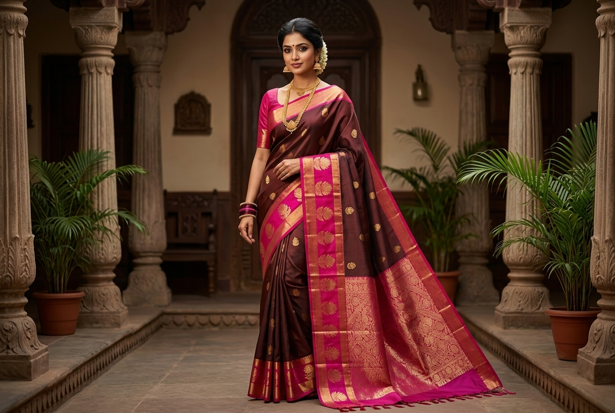 Exquisite Deep Maroon and Fuchsia Kanjivaram Silk Sari with Gold Zari