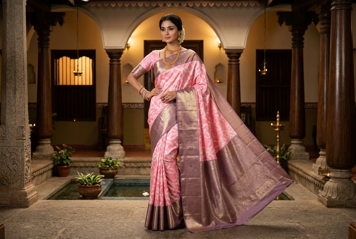 Elegant Baby Pink & Metallic Mauve Kanjivaram Silk Sari with White Ikat Weave & Rich Zari Brocade