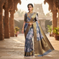 Ethereal Slate-Blue Floral Print Kanchipuram Pure Silk Sari with Rich Gold Zari Brocade Pallu