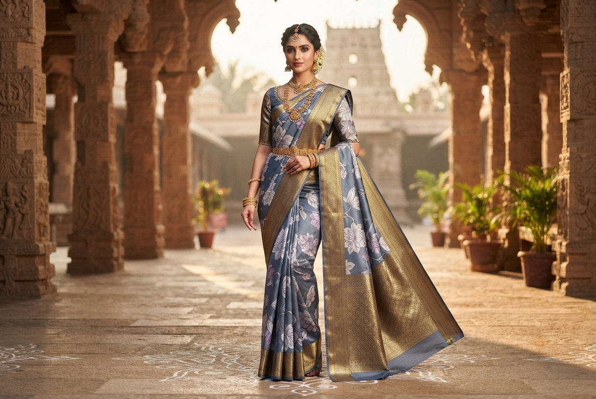 Ethereal Slate-Blue Floral Print Kanchipuram Pure Silk Sari with Rich Gold Zari Brocade Pallu