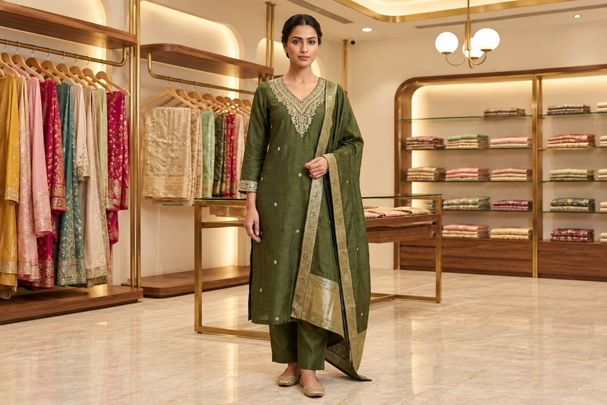 Olive Green Silk Kurta Set with Zardozi & Sequin V-Neckline