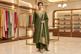 Olive Green Silk Kurta Set with Zardozi & Sequin V-Neckline