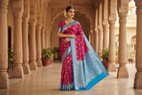 Vibrant Sky-Blue & Magenta Kanchipuram Pure Silk Sari with Elaborate Silver Zari Pallu