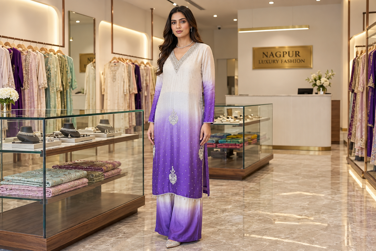 Regal Cream & Violet Ombré Silk Kurta Set with Silver Zardozi V-Neck & Paisley Embroidery