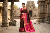 Vibrant Magenta Pink & Deep Chocolate Brown Kanjivaram Silk Sari with Lotus Motif Gold Zari Weave