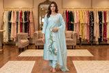 Ice Blue Hand-Painted & Sequined Floral Organza Silk Kurta Set with Lace Dupatta