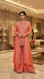Coral Peach 3-Piece Silk Jacket Set with Intricate Floral Resham & Sequin Embroidery