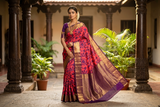 Exquisite Coral-Pink & Royal Purple Kanjivaram Silk Sari with Lotus Vine Jaal & Gold Zari Lattice Pallu
