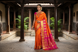 Vibrant Orange & Magenta Pink Handloom Kanjivaram Silk Sari with Pure Gold Zari