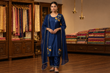 Royal Navy Blue Silk Kurta Set with Hand-Embroidered Floral Branch & Beadwork