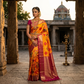 Vibrant Mango Yellow & Magenta Pink Kanjivaram Silk Sari with Ikat Tie-Dye Patterns & Gold Zari Lattice Pallu