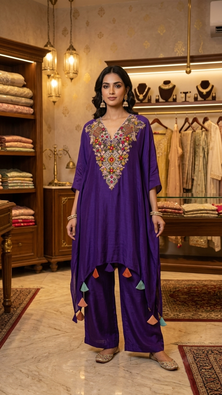 Royal Purple Embroidered Asymmetrical Kaftan Tunic Set with Handcrafted Yoke