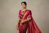 Deep Maroon Red & Rani Pink Kanjivaram Style Semi-Silk Saree with Gold Zari Paisley Motifs & Brocade Pallu