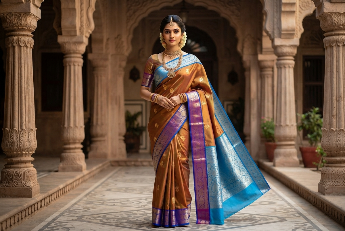 Luminous Bronze-Orange & Royal Blue Kanchipuram Pure Silk Sari with Silver Zari Pallu