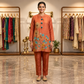 Terracotta Rust Silk-Blend Tunic Set with Botanical Floral Embroidery & Peacock Teal Tassels