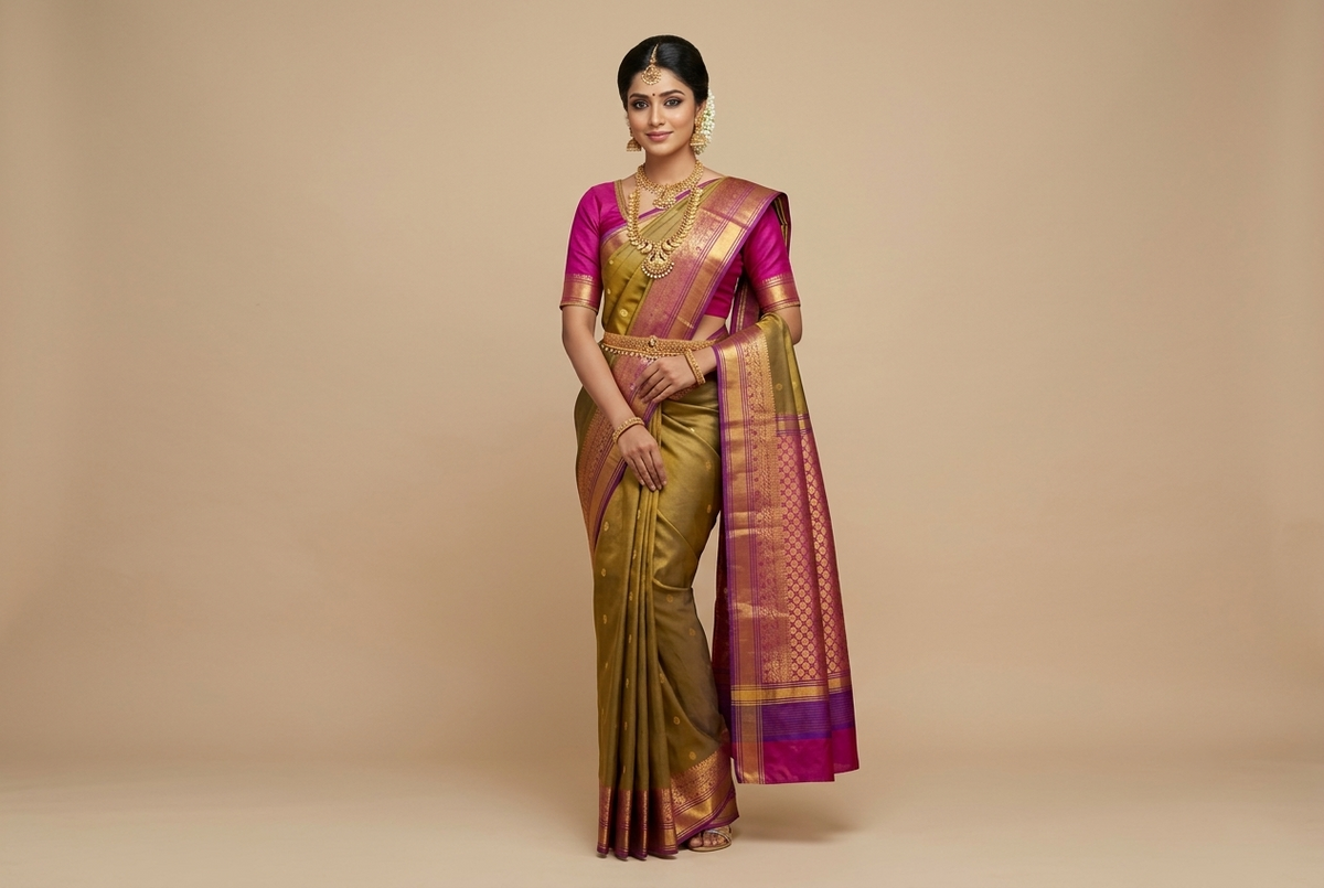 Antique Gold & Rani Pink Kanjivaram Silk Saree with Lattice Zari Pallu & Purple Accent Border