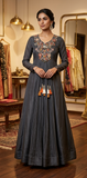 Charcoal Grey Pleated Silk Anarkali Kurta Set with Floral Yoke Embroidery & Pearl Tassels