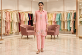 Blush Pink Collared Cotton-Silk Tunic Set with Multi-Color Tassels & Floral Sequin Hem Embroidery