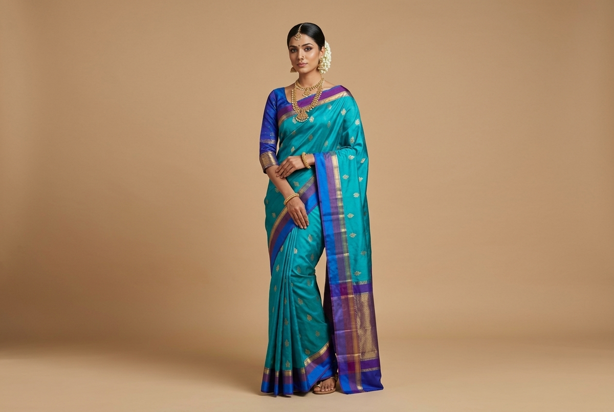 Peacock Teal & Royal Blue Kanjivaram Style Silk Saree with Gold Zari Buttis & Multi-Tone Border