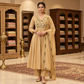 Honey Beige Dobby Cotton Flared Anarkali Kurta Set with Floral V-Neck Threadwork Embroidery & Dupatta
