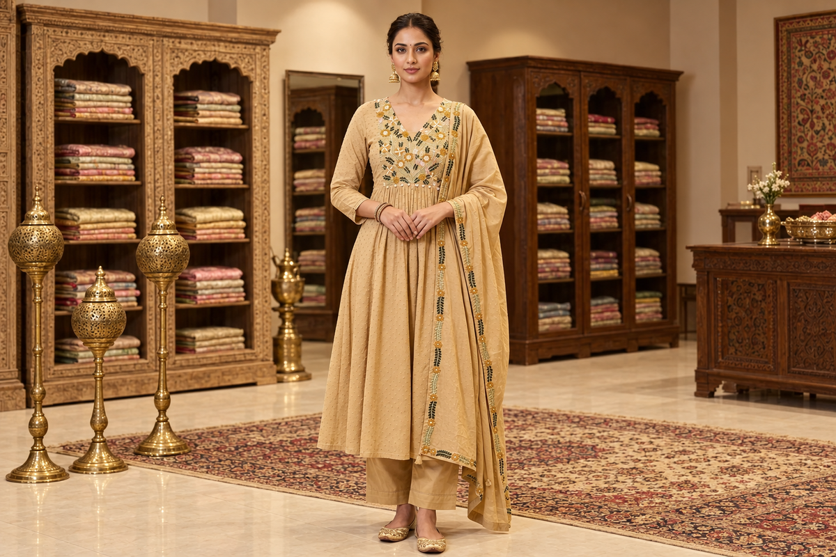 Honey Beige Dobby Cotton Flared Anarkali Kurta Set with Floral V-Neck Threadwork Embroidery & Dupatta