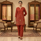 Terracotta Rust Red Cotton-Silk Kurta Set with Handcrafted Kantha Leaf & Floral Embroidery