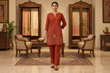 Terracotta Rust Red Cotton-Silk Kurta Set with Handcrafted Kantha Leaf & Floral Embroidery