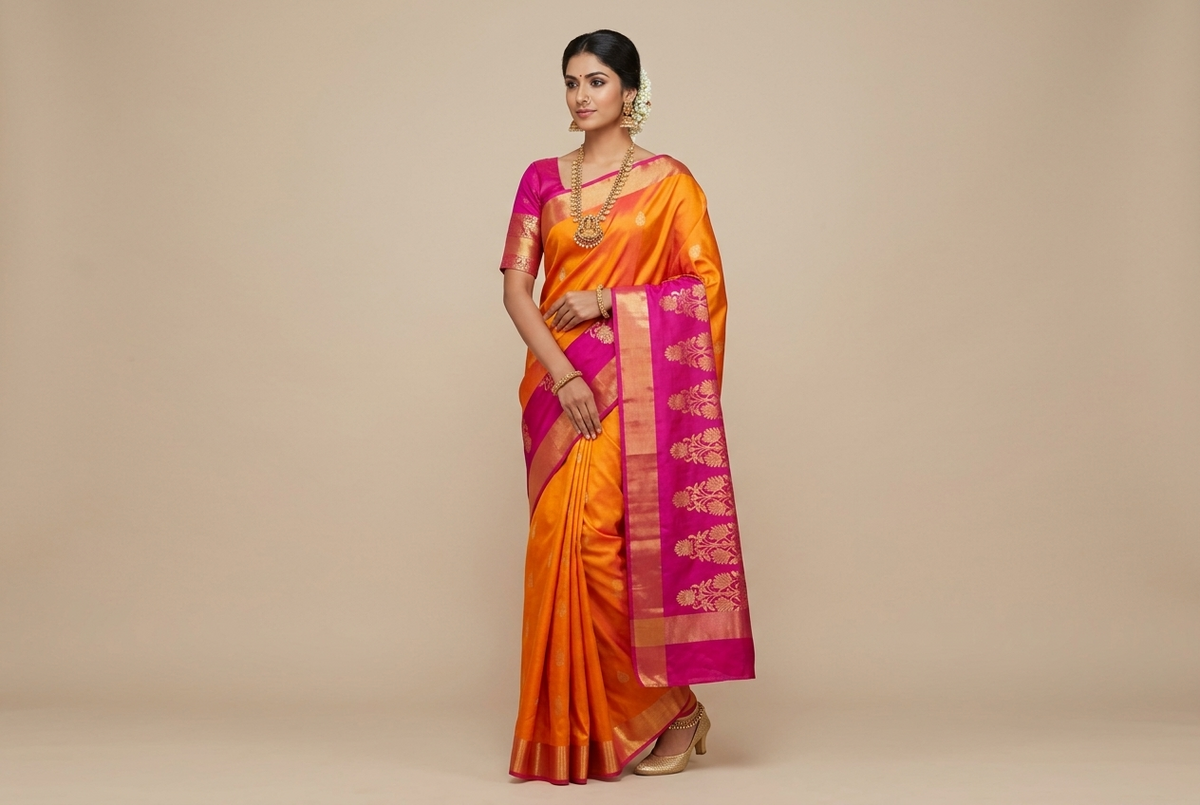 Marigold Orange & Rani Pink Kanjivaram Silk Saree with Gold Zari Floral Bouquet Pallu