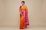 Marigold Orange & Rani Pink Kanjivaram Silk Saree with Gold Zari Floral Bouquet Pallu