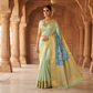 Ethereal Pastel Light-Green & Aqua-Blue Floral Print Kanchipuram Pure Silk Sari with Rich Gold Zari Border
