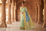 Ethereal Pastel Light-Green & Aqua-Blue Floral Print Kanchipuram Pure Silk Sari with Rich Gold Zari Border