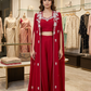 Crimson Red Pearl & Bead Embroidered 3-Piece Georgette Jacket Set
