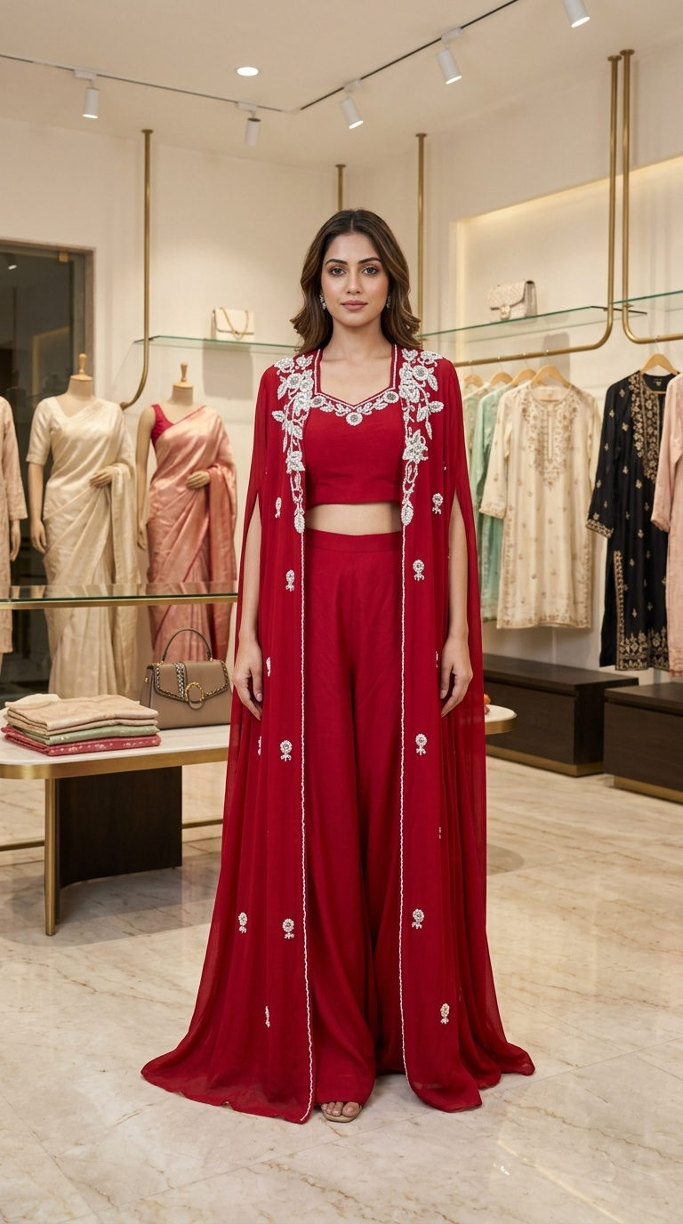 Crimson Red Pearl & Bead Embroidered 3-Piece Georgette Jacket Set