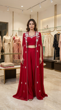Crimson Red Pearl & Bead Embroidered 3-Piece Georgette Jacket Set