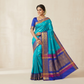 Turquoise Cyan & Royal Blue Kanjivaram Style Semi-Silk Saree with Scalloped Zari Pallu & Gold Buttis