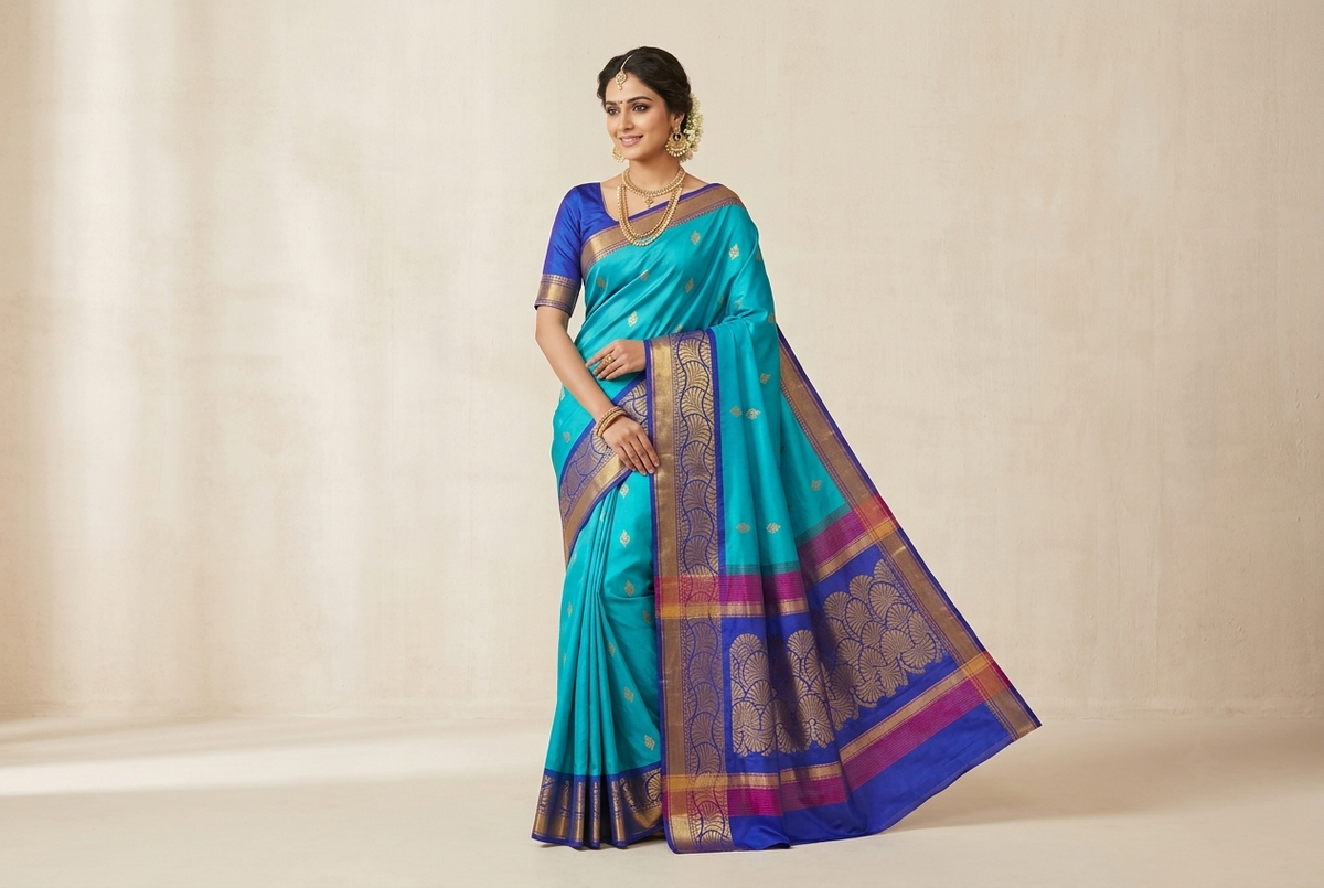 Turquoise Cyan & Royal Blue Kanjivaram Style Semi-Silk Saree with Scalloped Zari Pallu & Gold Buttis